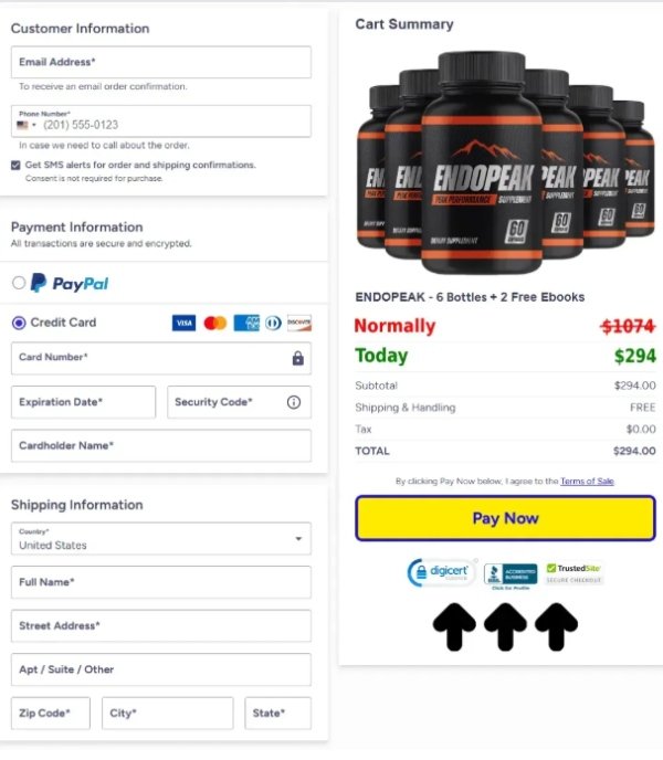 EndoPeak order process screen guiding users to safely complete purchase and confirm their order
